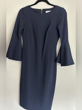 Calvin Klein Dark Navy Midi Dress with 3/4 Bell Sleeves